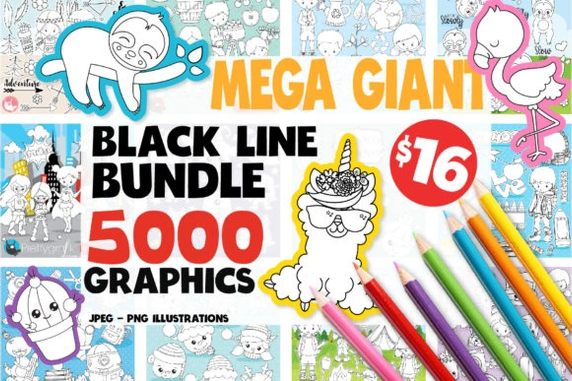 [Сreativefabrica] 5000 in 1 - Black Lines Mega Bundle. Цветные раскраски  (Prettygrafik), фото 1 из 1.