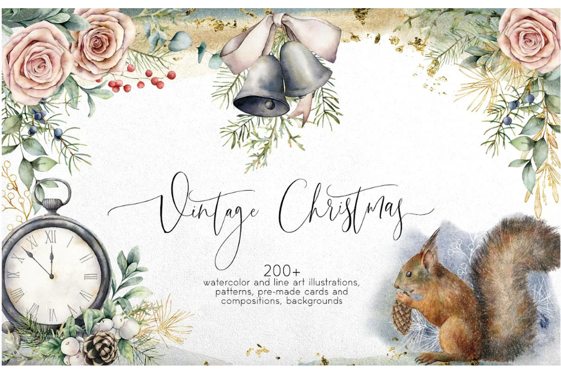 Vintage Christmas. Watercolor bundle  Винтажное Рождество. Акварель комплект (Юлия Дербишева), фото 1 из 1.