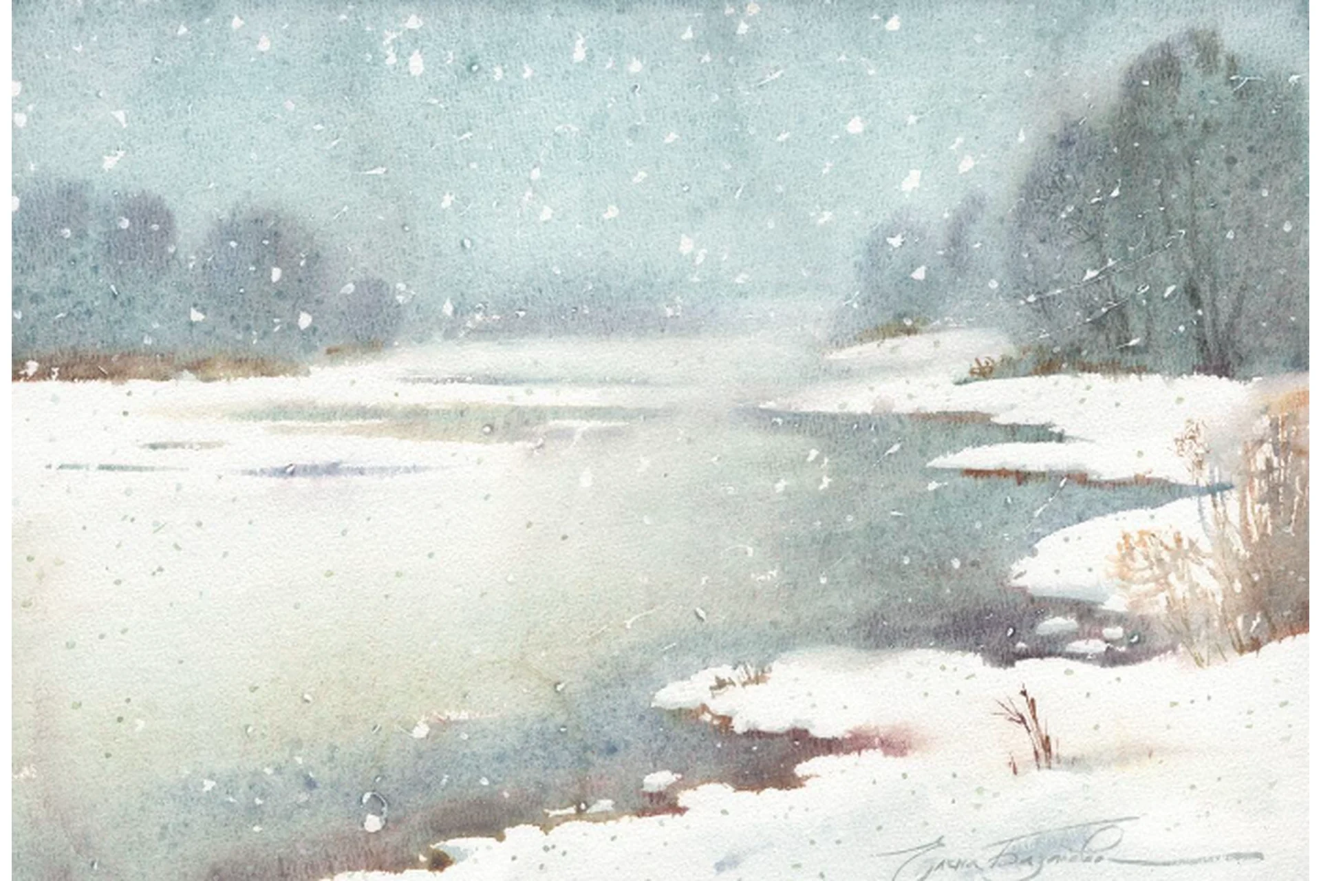 [lectoroom] Зимний этюд акварелью. Вид на реку  (Елена Базанова), фото 1 из 1.