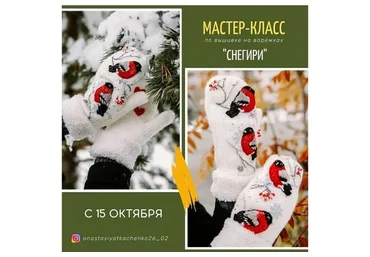Вышивка на варежках Снегири (Анастасия Ткаченко)