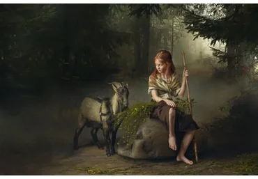 Обработка фото: Девочка с козой. Girl with goat & flowers,  на английском (Дмитрий Усанин)