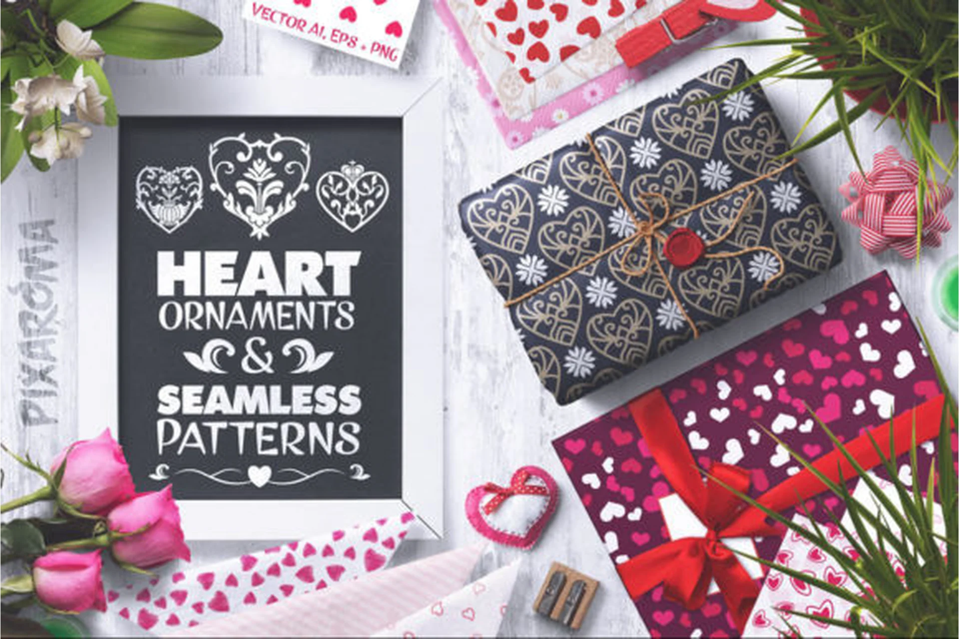 [Сreativefabrica] Heart Vector Ornaments and Patterns (pixaroma), фото 1 из 1.
