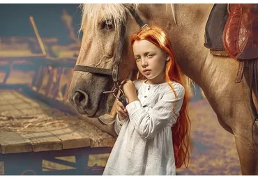 Обработка фото: Рыжая девочка. Red haired girl with horse,  на английском (Дмитрий Усанин)