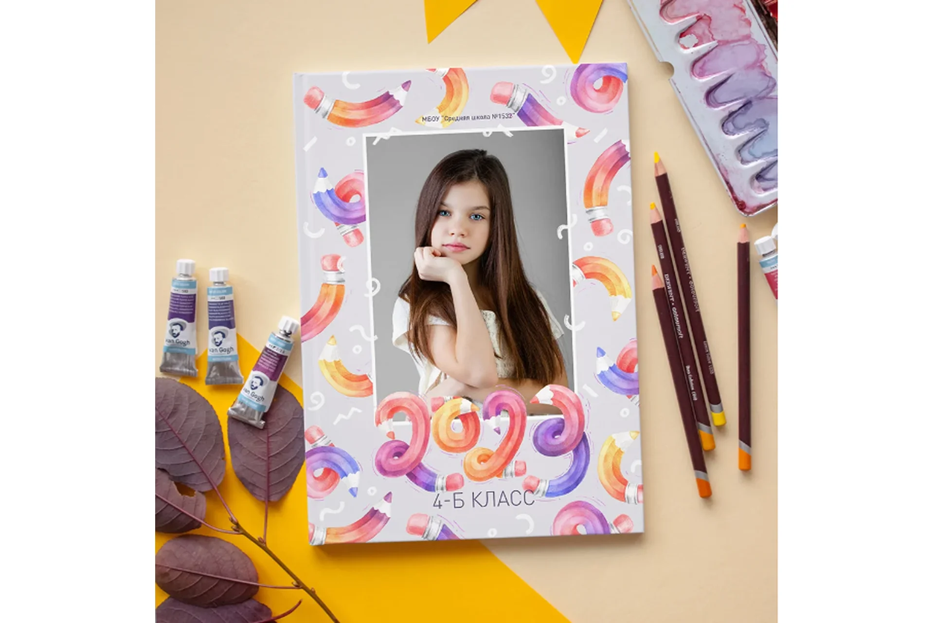 [PSD] Шаблон выпускного фотоальбома. Дизайн «Цветные карандаши» 20х20 (Ксения Фёдорова), фото 1 из 1.
