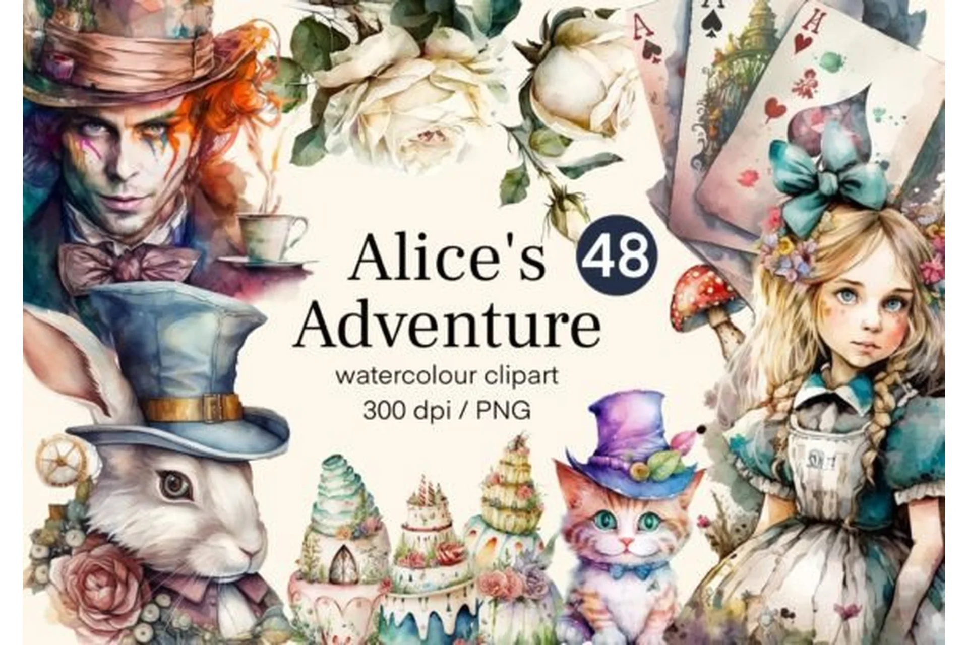 [HelloMyPrint] Alice in Wonderland Clipart Watercolor / Алиса в стране чудес клипарт акварель, фото 1 из 1.