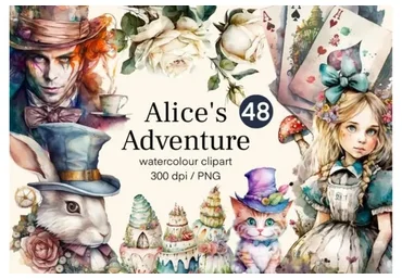 [HelloMyPrint] Alice in Wonderland Clipart Watercolor / Алиса в стране чудес клипарт акварель
