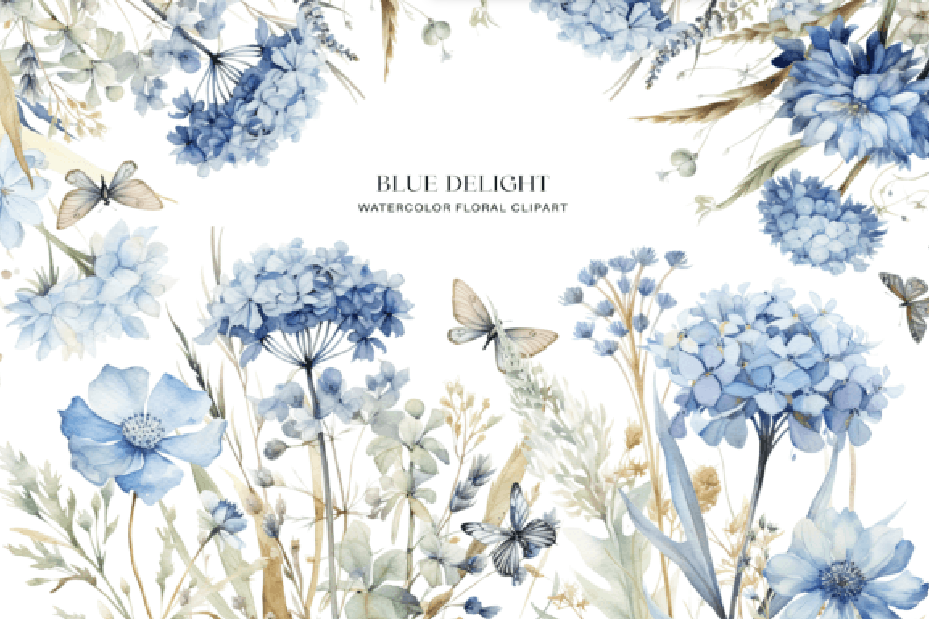 [Creativefabrica] Dusty Blue Floral Clipart Watercolor