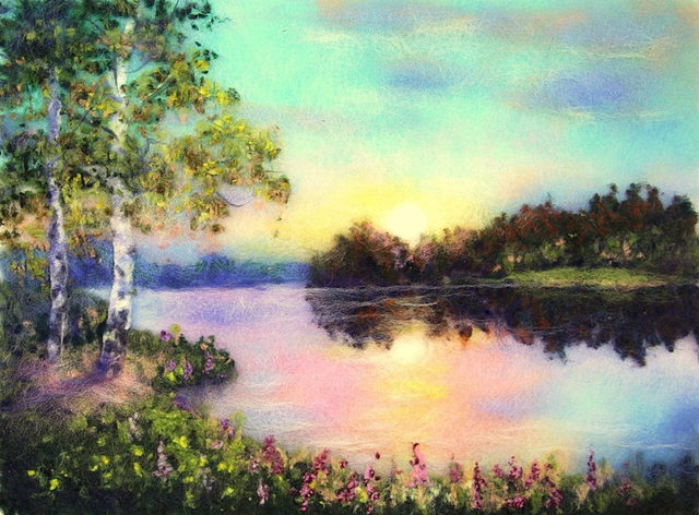 Шерстяная живопись. Пейзаж Вечерний закат (Яна Богданова)