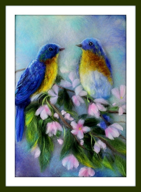 Шерстяная живопись. Видеоурок Птички на цветущей ветке (Яна Богданова)