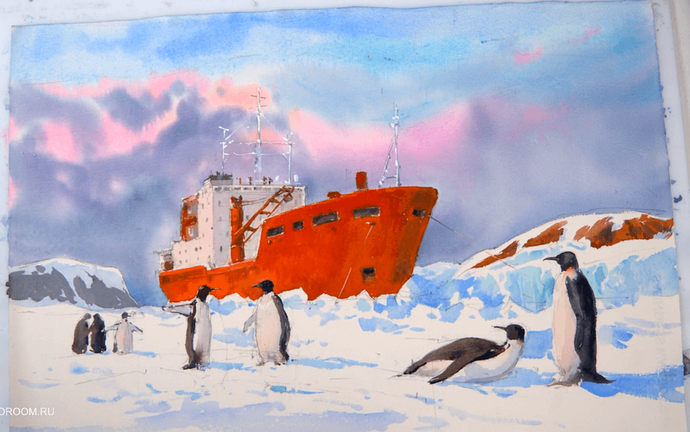 [lectoroom] Антарктический пейзаж с пингвинами акварелью (Анна Михайлова)