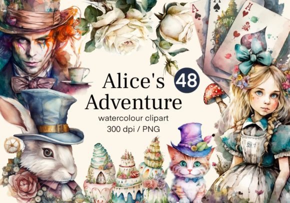 [Creativefabrica] Alice in Wonderland Clipart Watercolor / Алиса в стране чудес акварельный клипарт (HelloMyPrint)