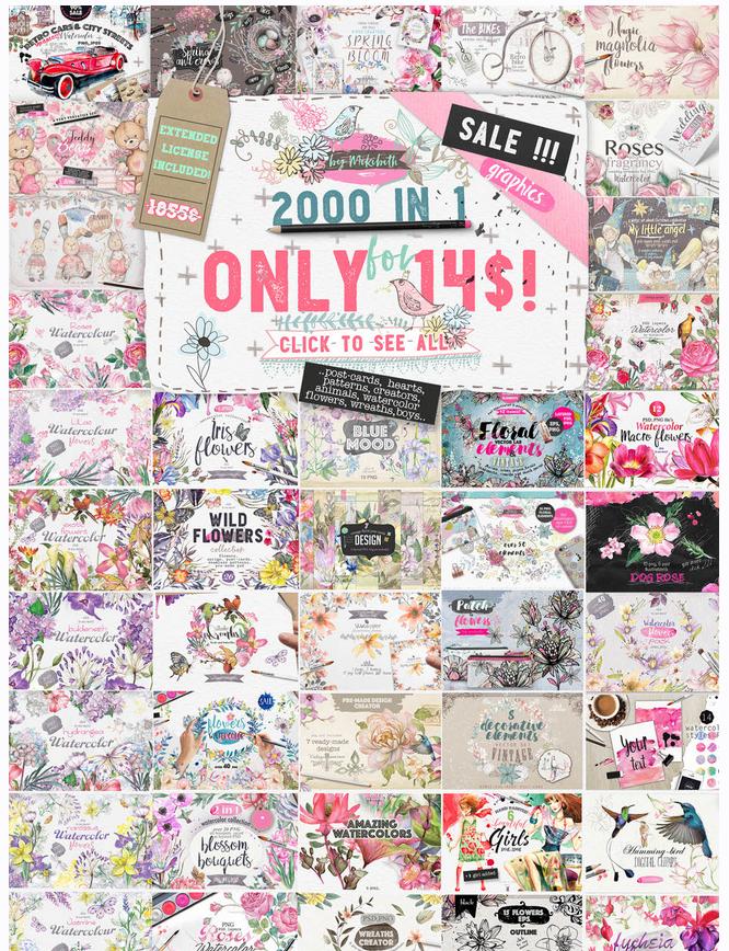 [Mikibith Art] Более 2000 элементов акварелей, цветов, животных, бесшовные узоры, венки, декоративные предметы