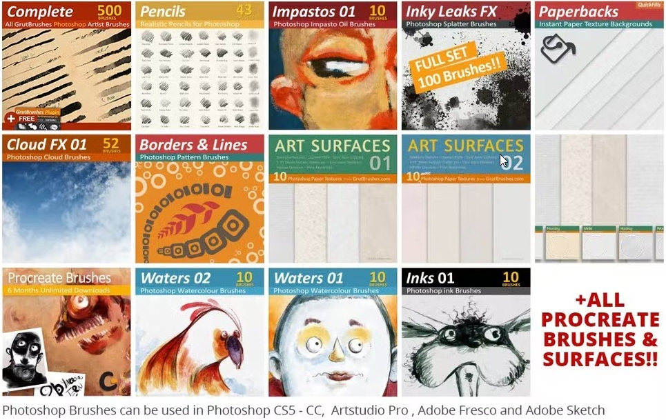 Brushes and surfaces for Photoshop, Procreate, Artstudio Pro, Adobe Fresco (grutbrushes)