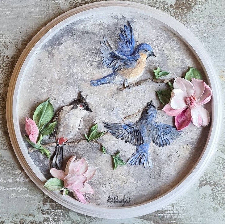 [Скульптурная живопись] Нежная композиция с птичками и магнолией (Виктория Осипова)