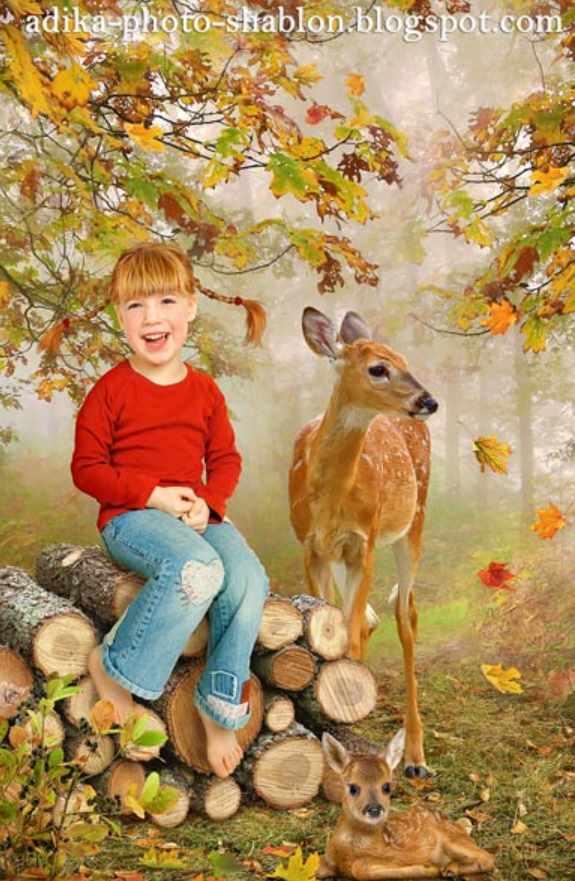 Детский осенний фотошаблон в PSD Олени в осеннем лесу (Adika)