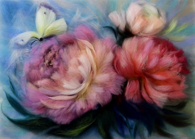 Шерстяная живопись. Пионы с бабочкой (Яна Богданова)