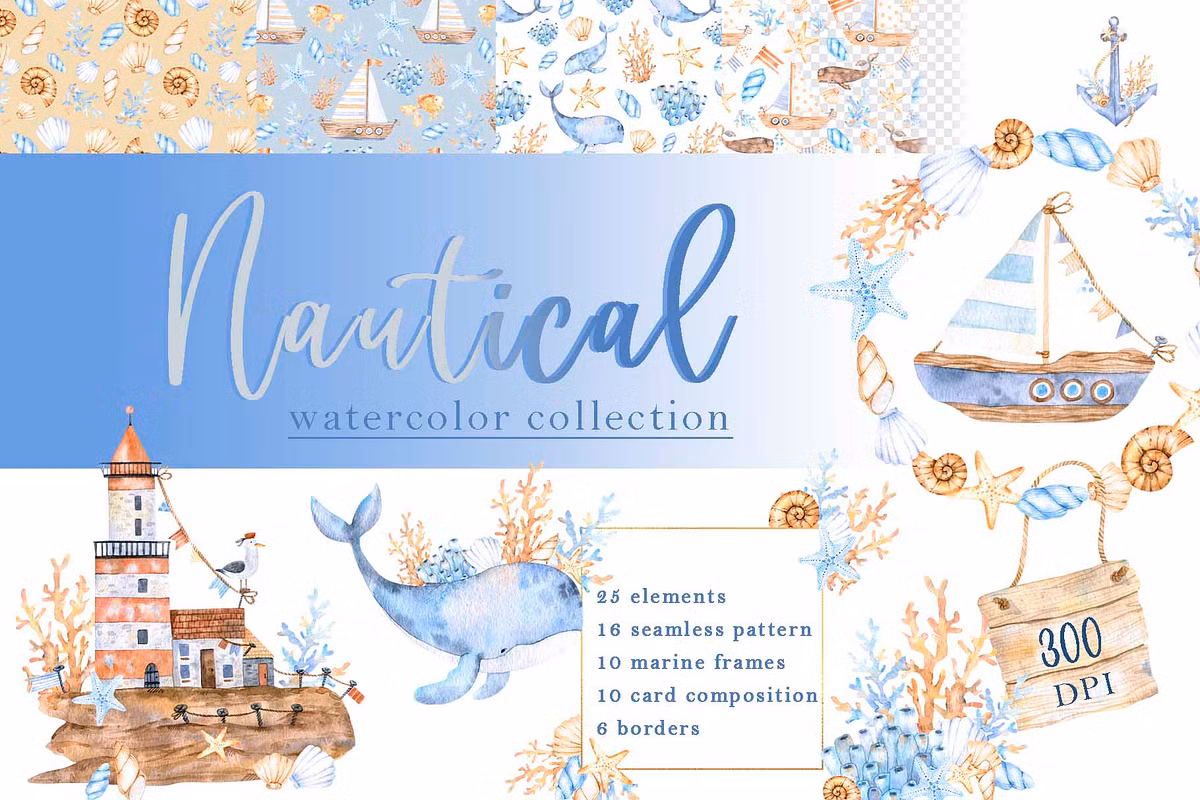 [CreativeMarket] Коллекция морских акварелей (CreatArtStudio)