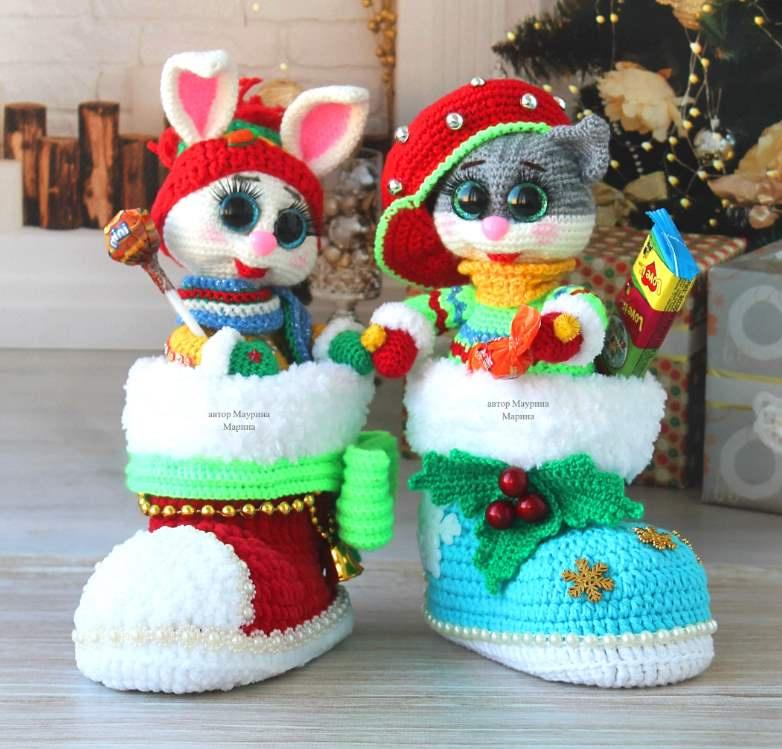 [Шкатулка сокровищ] Рождественский Сапог с Зайчонком и Котенком (Марина Маурина)