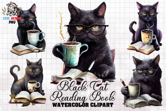 [Creativefabrica] Black Cat Reading Book Sublimation / Черная кошка читает книгу - акварельный клипарт (Cow.design)