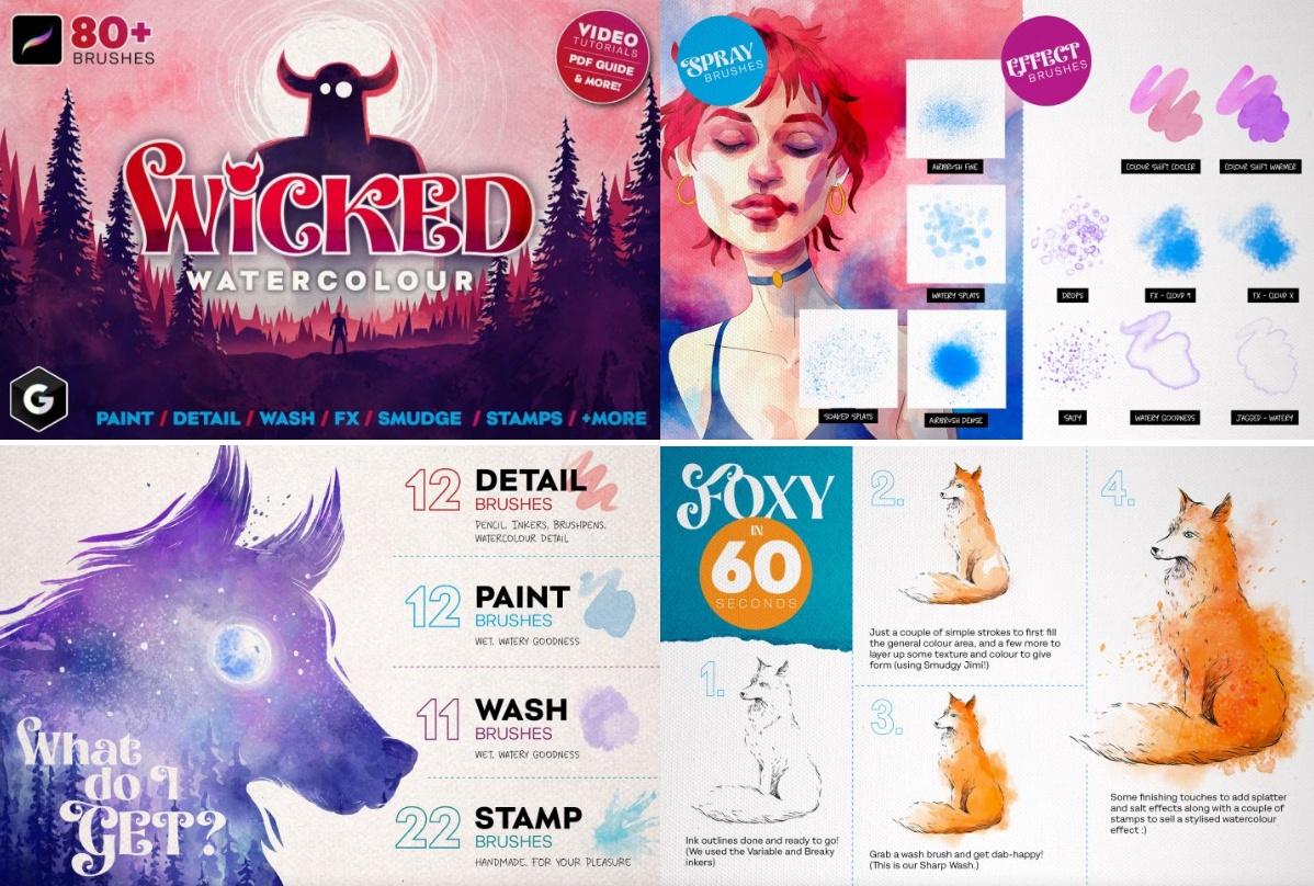 Акварельные кисти Wicked для Procreate / Wicked Watercolour Brushes For Procreate (Green Room Media)
