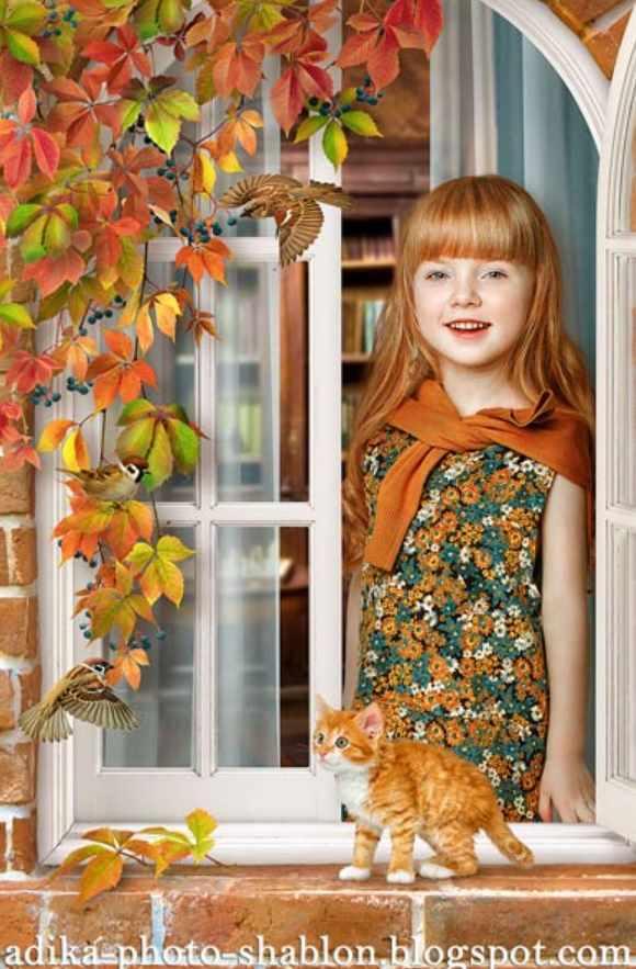 Осенний фотошаблон в PSD Дикий виноград на окне (Adika)