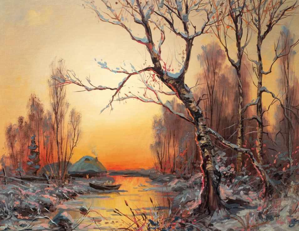 [ZartSchool] Зимний пейзаж с березой в вечернем свете (Татьяна Зубова)