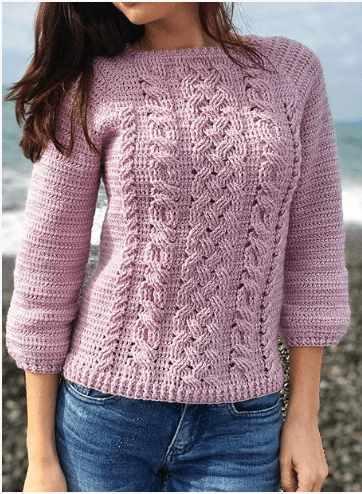 Свитер с косами регланом крючком (lily_knitting)