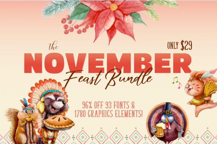[TheHungryJPEG] The November Feast Bundle набор графики. Ноябрьский праздничный набор шрифтов и графики