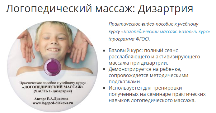 Электронное видео пособие «Логопедический массаж при разных формах дизартрии» (Елена Дьякова)