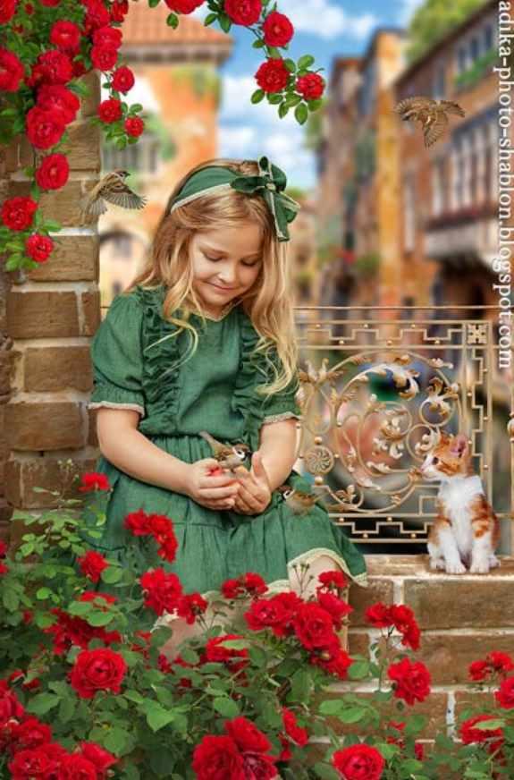 Летний яркий фотошаблон в PSD Алые розы (Adika)