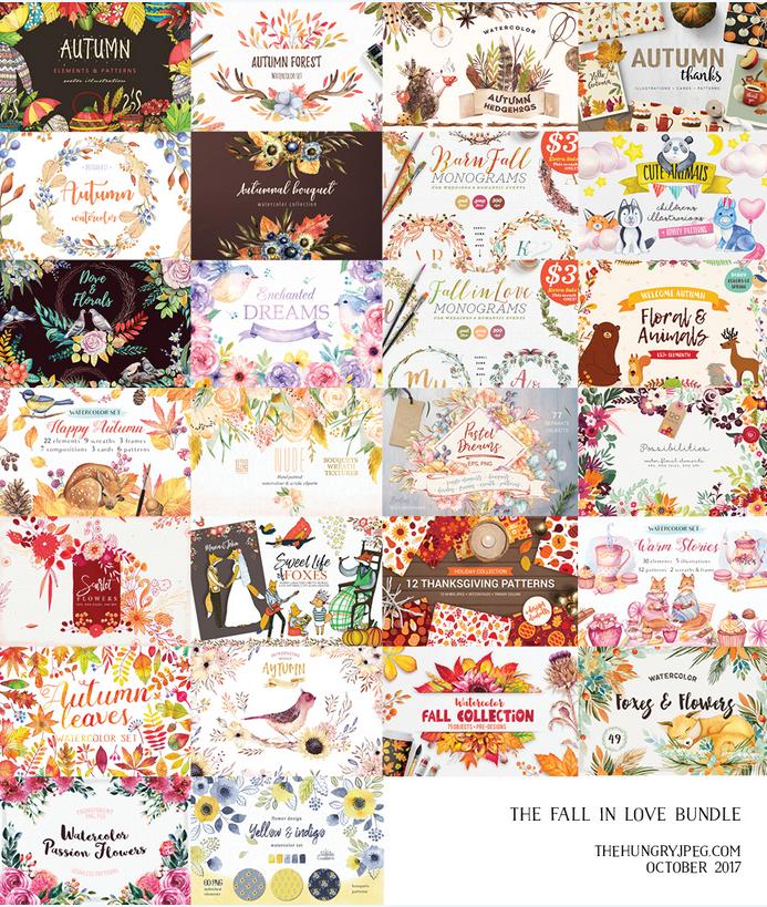[TheHungryJPEG] The Fall in Love Bundle набор графики.  Любовный набор графики, цветов, животных, паттернов