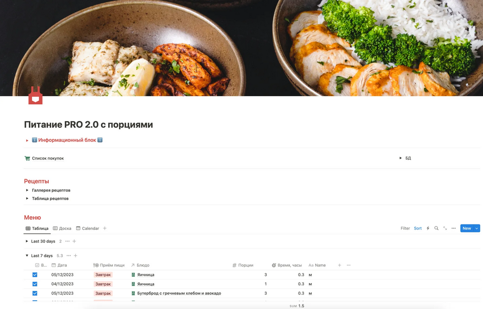 [Notion] Питание PRO 2.0 с порциями и блюдами из продуктов в наличии. Автоматический список продуктов. Шаблон (NotionFan)