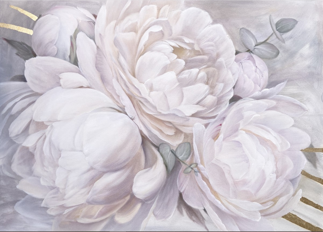 [ozerovaschool] Картина маслом с белыми пионами и поталью «Утренняя» (Александра Озерова)